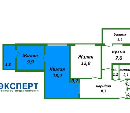 Выделенные две смежные комнаты (7/10долей) в 3-х комнатной квартире,рядом с метро Пушкинская