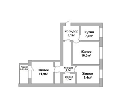 Трёхкомнатная квартира - 250569